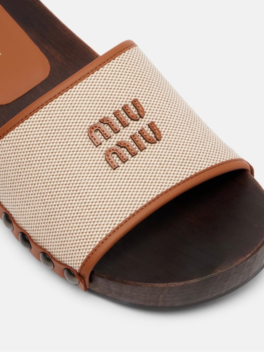 Miu Miu Cream Canvas and Brown Leather-Trim Slide Sandals
